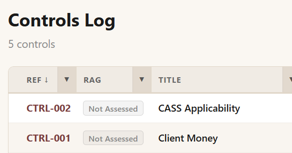 Screenshot of the Controls Log